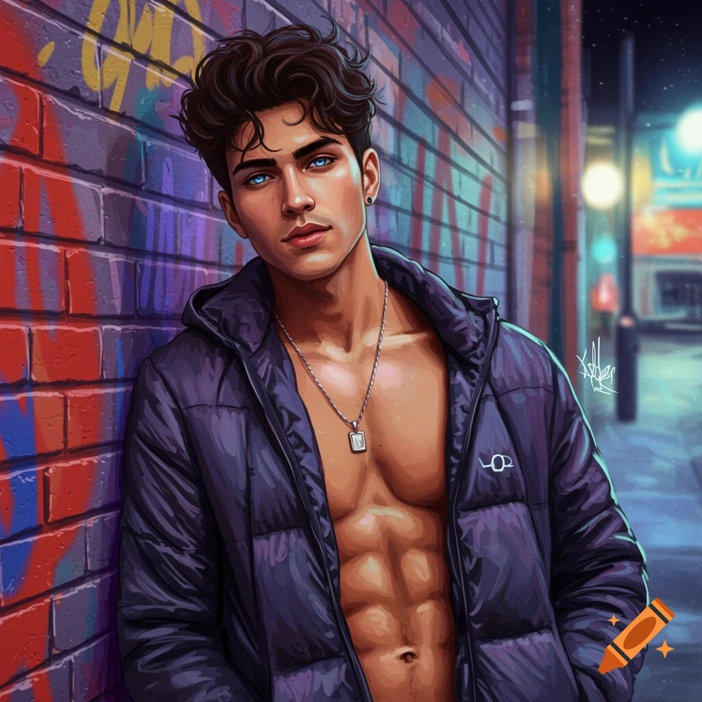 A young man with blue eyes and abs leans against a graffiti wall at night.