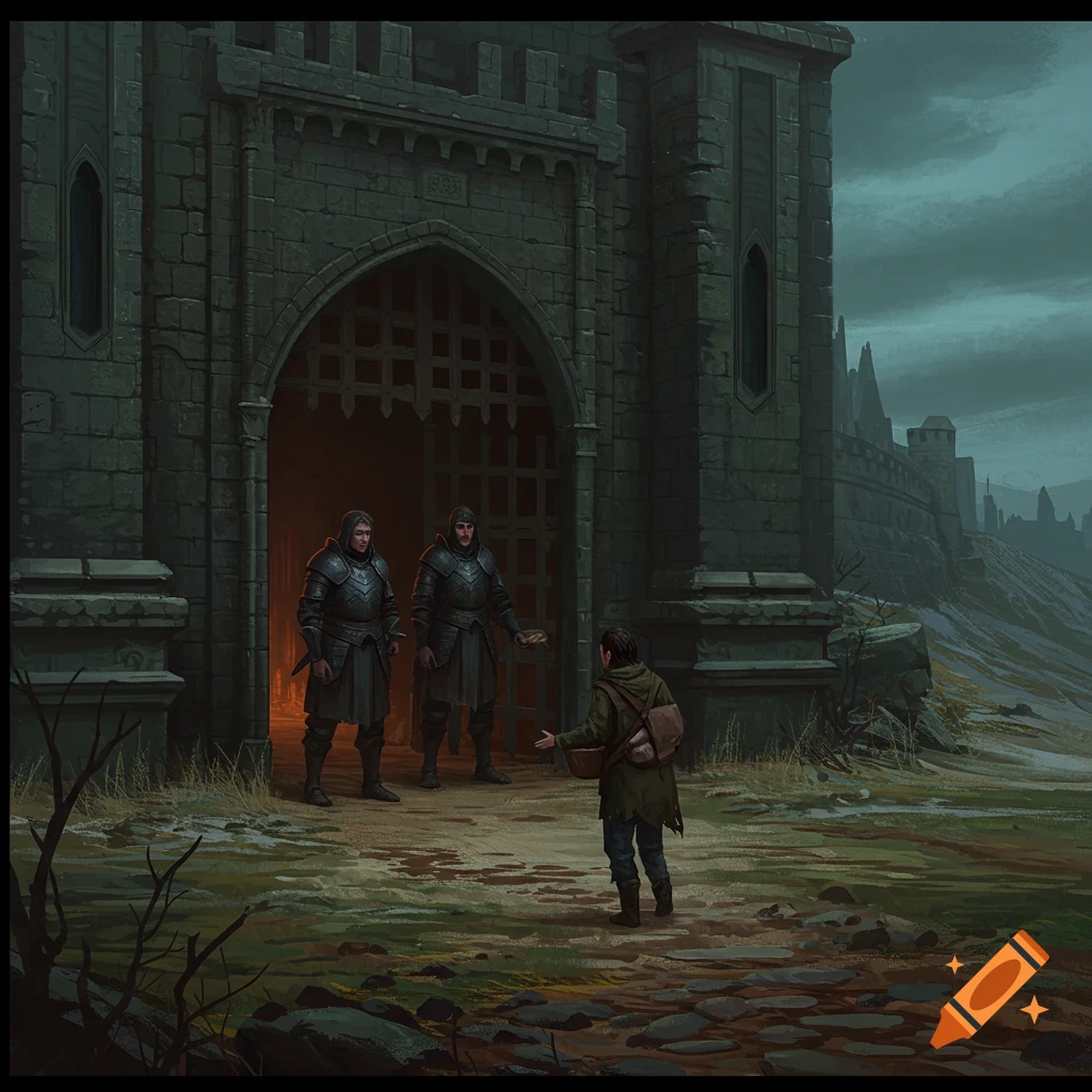 Two guards in armor stand inside a castle gate facing a person outside.