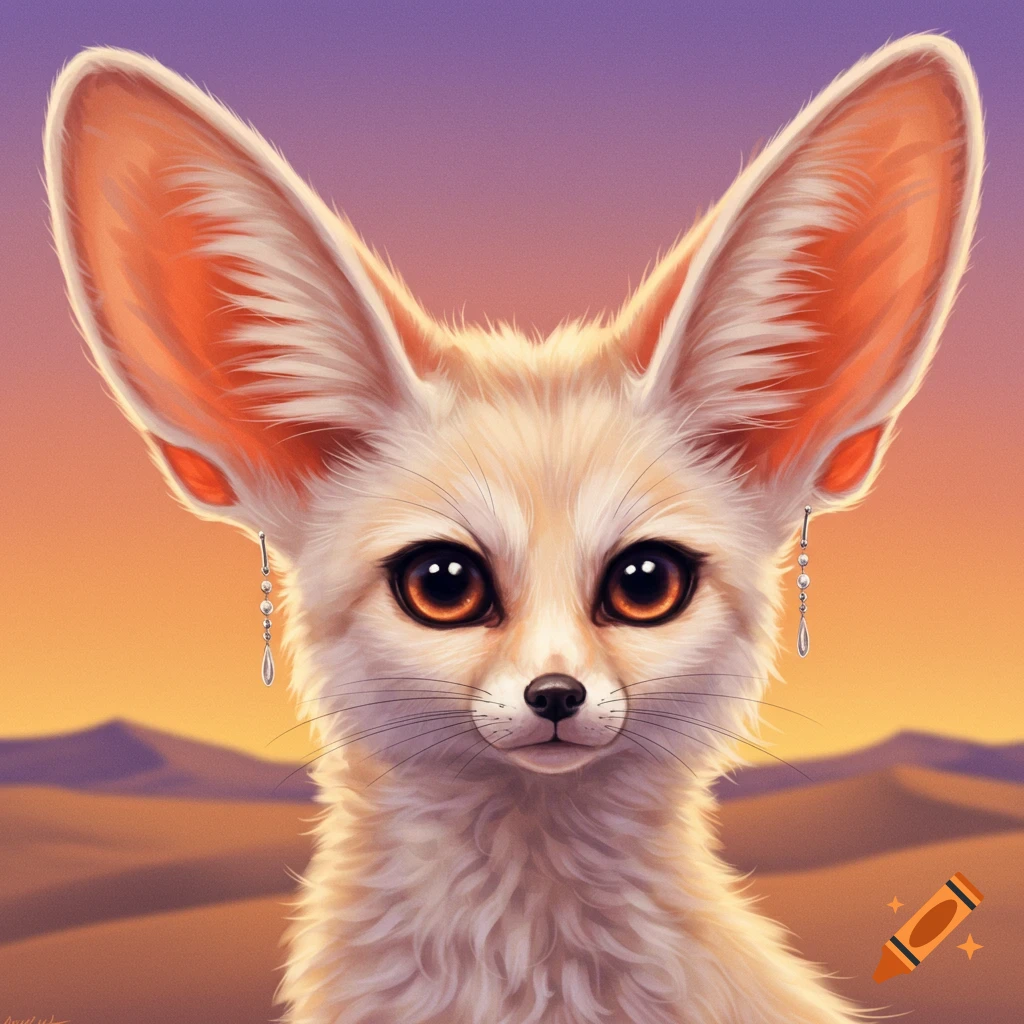 A fennec fox wearing earrings in a desert at sunset.