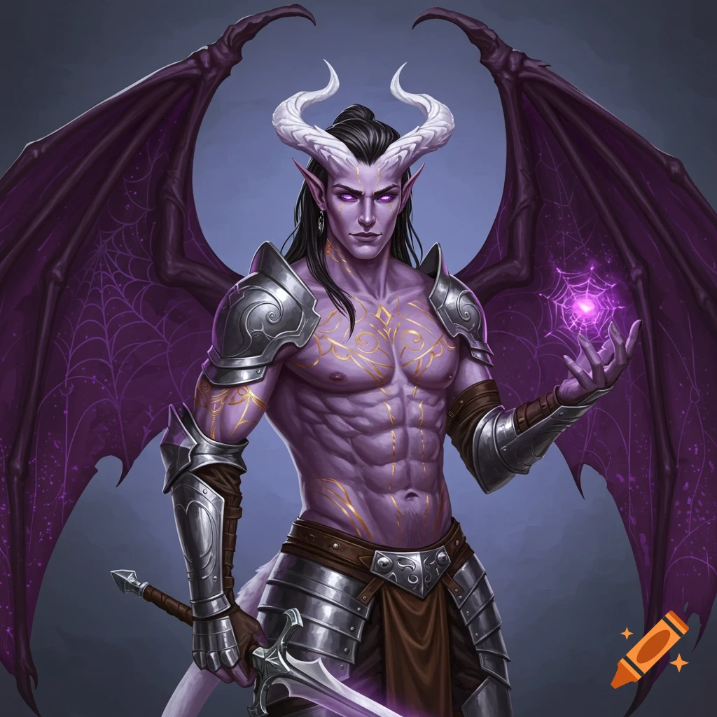 A purple-skinned fantasy creature with horns and bat wings, wearing armor, and holding a glowing orb and sword.