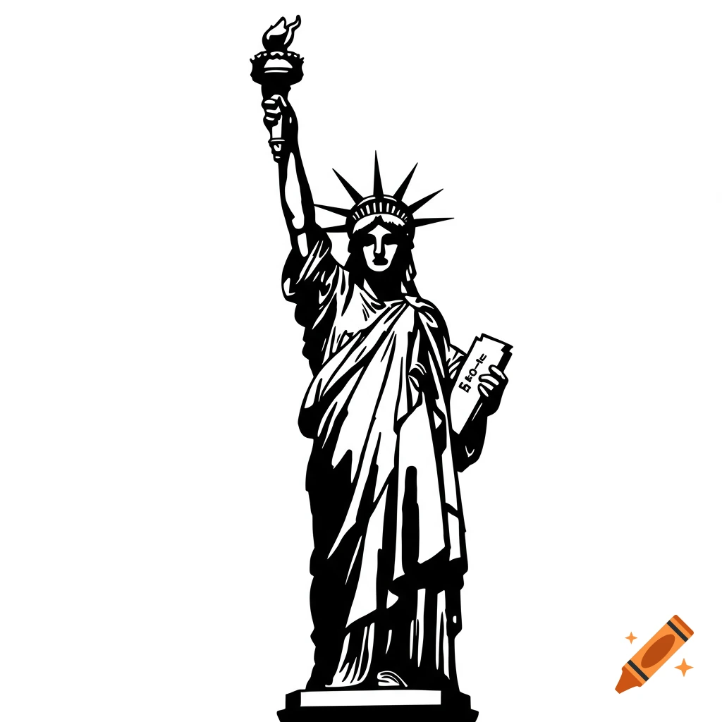 A black and white illustration of the Statue of Liberty holding a barber clippers-like object.