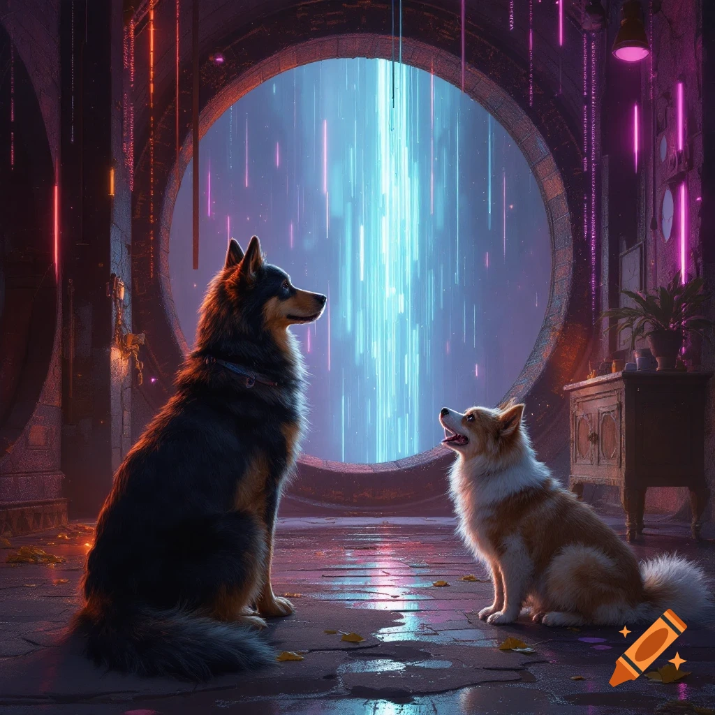Two dogs look towards a glowing sci-fi portal in a dark, futuristic setting.