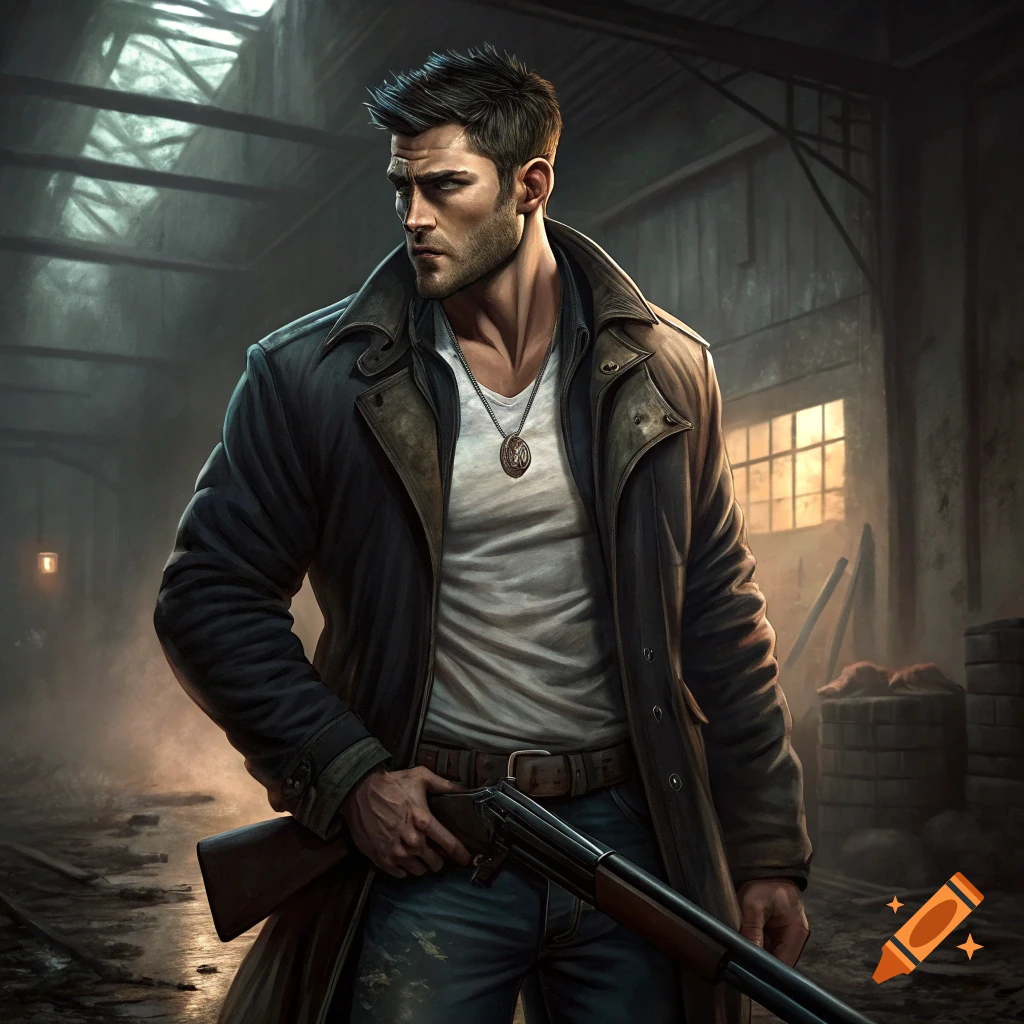 Digital art of a man in a trench coat holding a shotgun in a dark warehouse.
