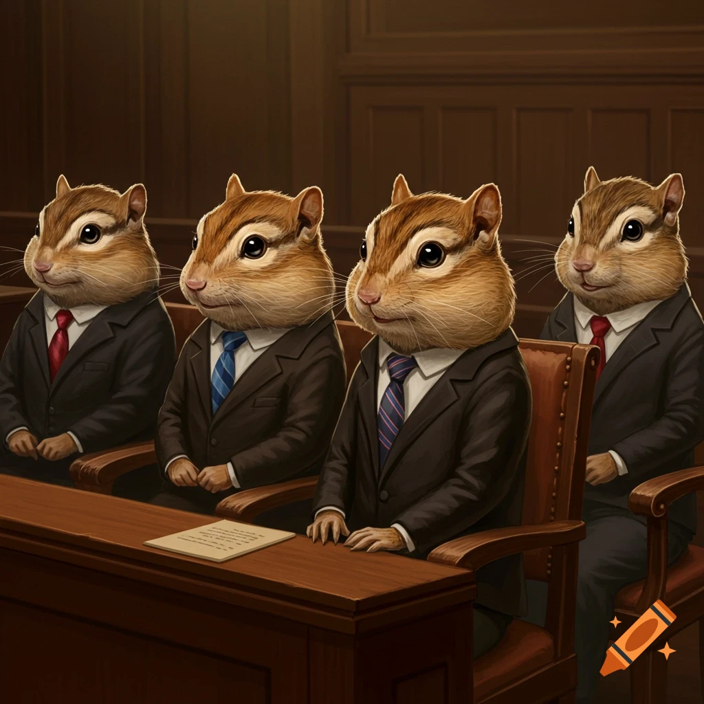Chipmunks in suits sitting in a courtroom for jury duty.