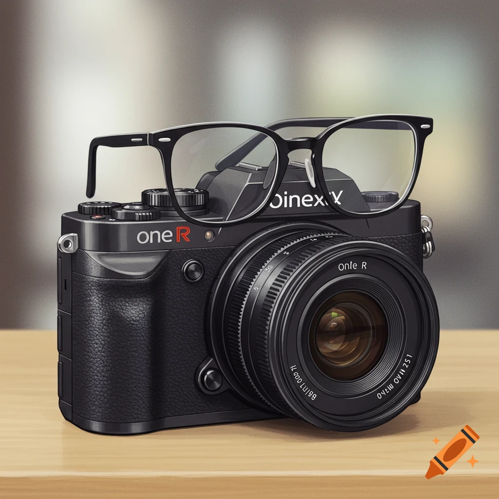 A camera with black-rimmed glasses resting on top, on a wooden table.