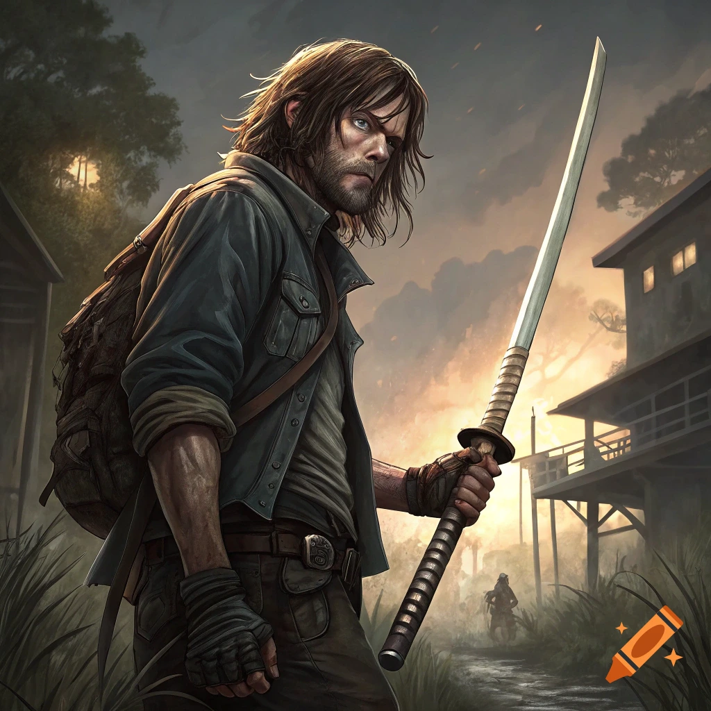 Man with a beard and backpack holding a katana in a post-apocalyptic setting, digital art.
