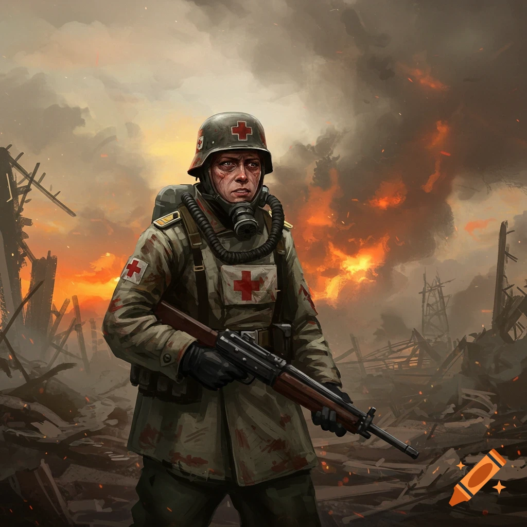 A medic with a gas mask and rifle stands in a fiery, destroyed city.