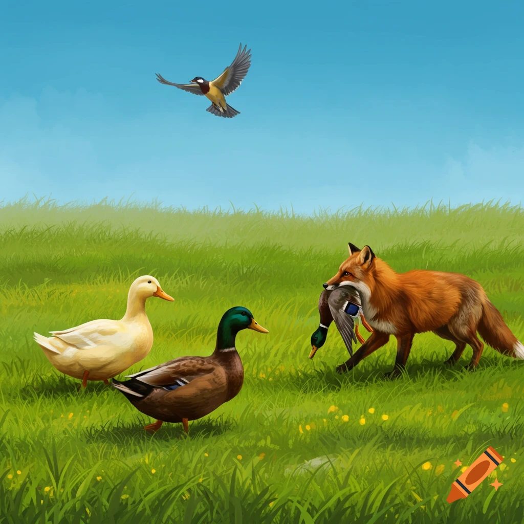 A fox carrying a duck in its mouth, standing in grass near two other ducks with a bird flying overhead.