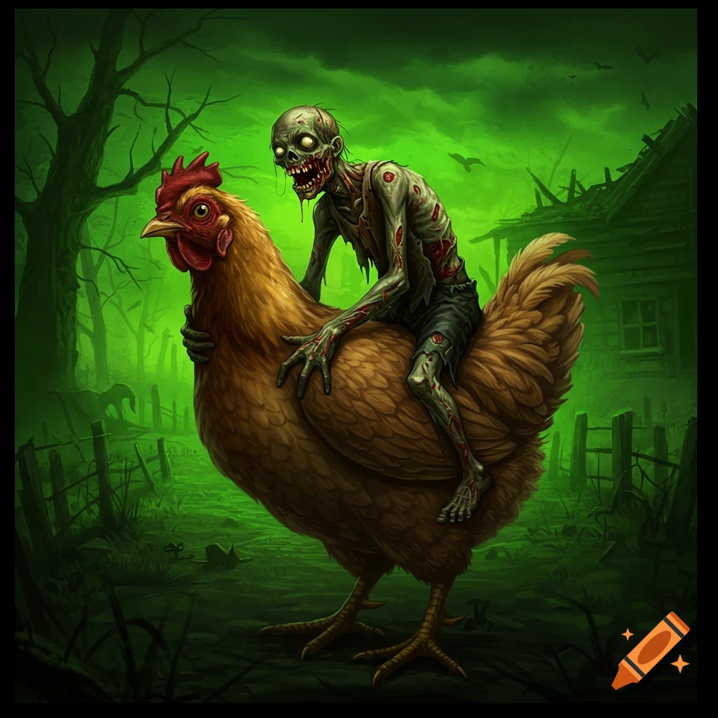 A zombie riding a large chicken in a dark, spooky landscape
