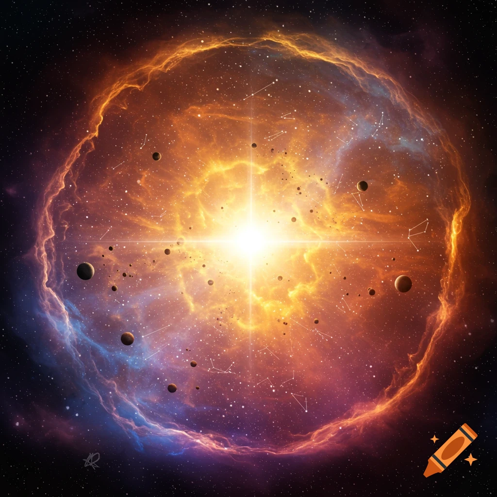 A bright light source in a colorful swirling nebula with planets and stars.