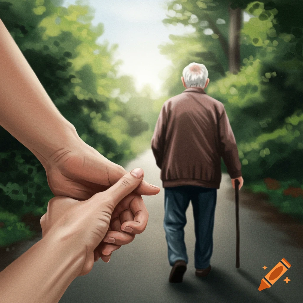 A young hand reaches towards an older person walking on a path through trees.