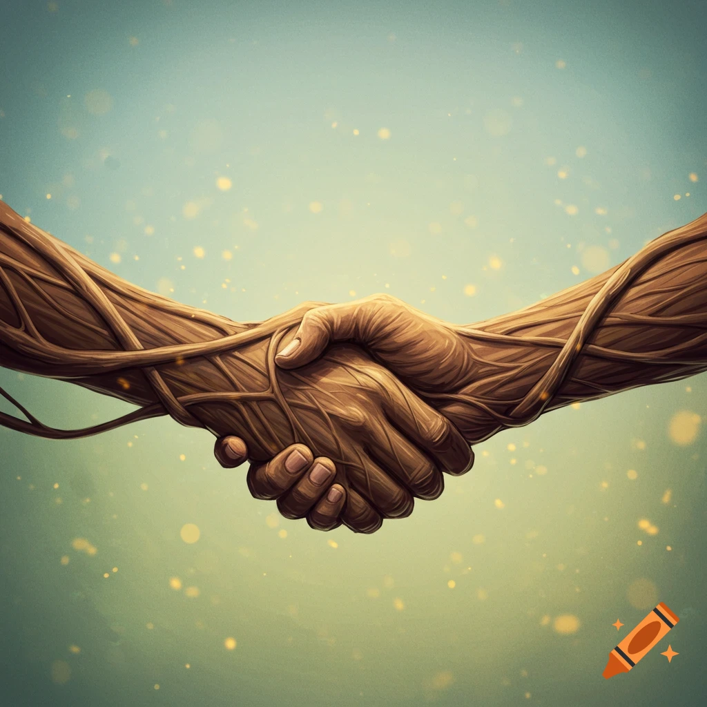 Two hands made of tangled tree roots shaking.