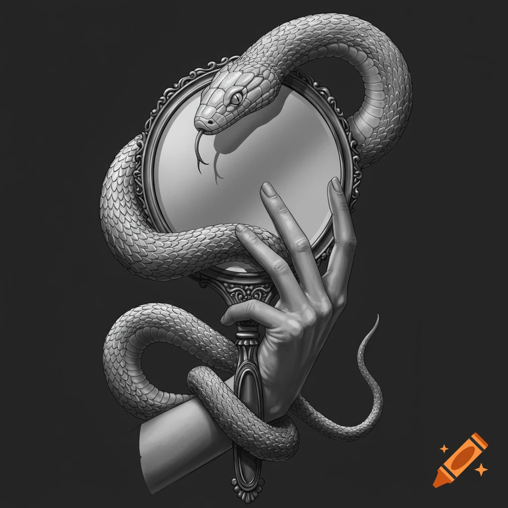 Grayscale illustration of a hand holding a mirror with a snake coiled around it.