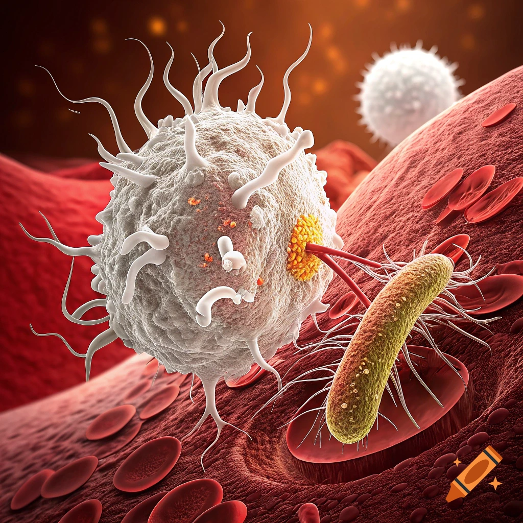 Microscopic view of a white blood cell attacking a bacterium in a blood vessel.