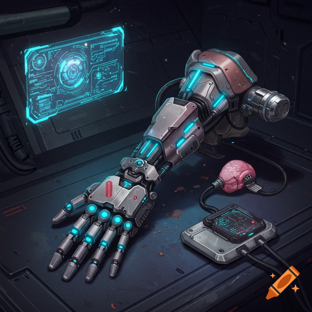 A detailed cybernetic arm is connected to a brain, with a glowing screen and device on a table.