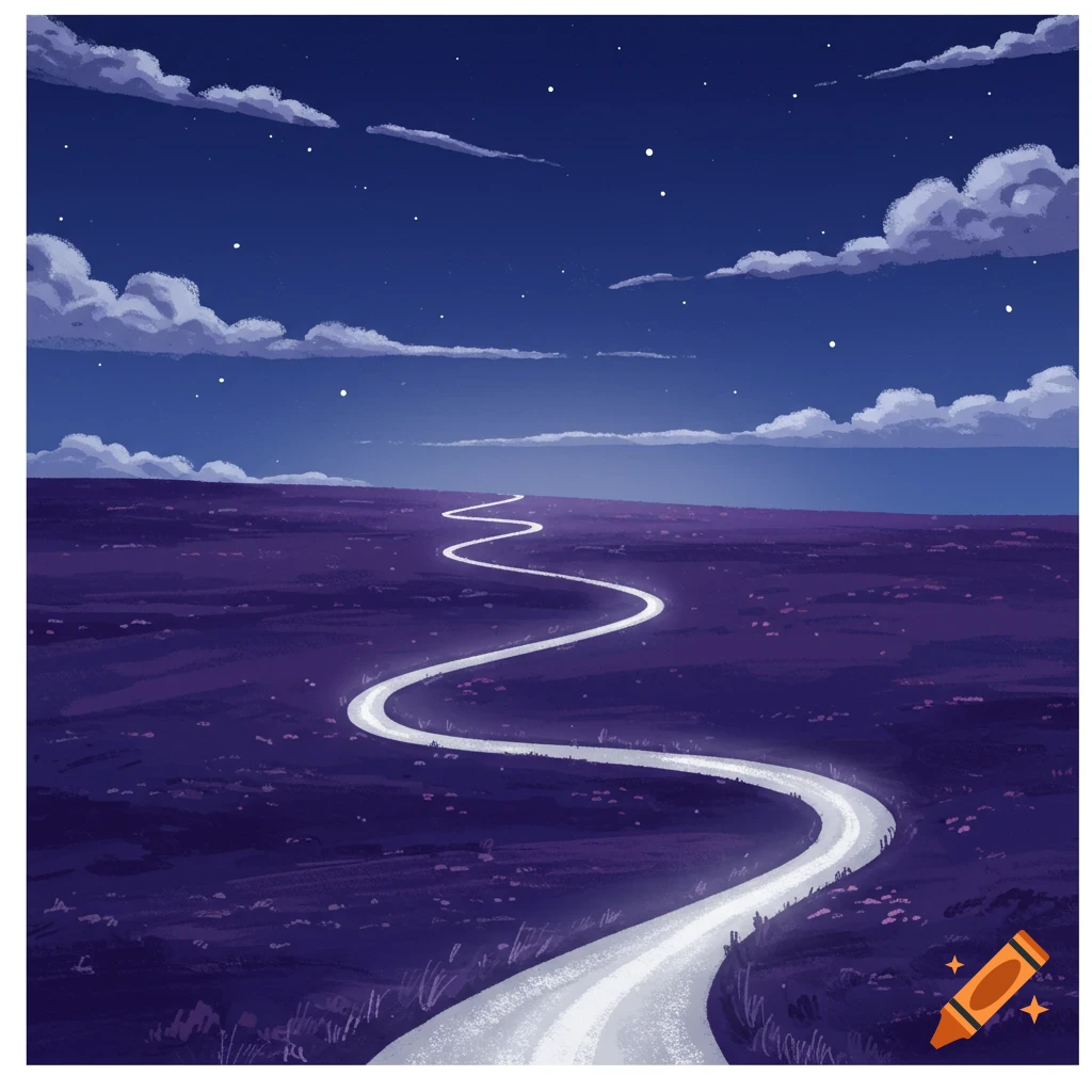 A winding glowing road under a starry night sky over a purple field.