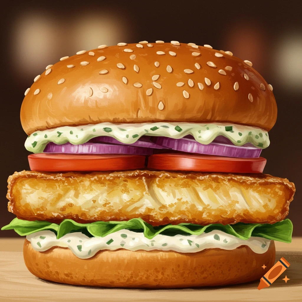 A fish burger with lettuce, tomato, onion, and sauce.
