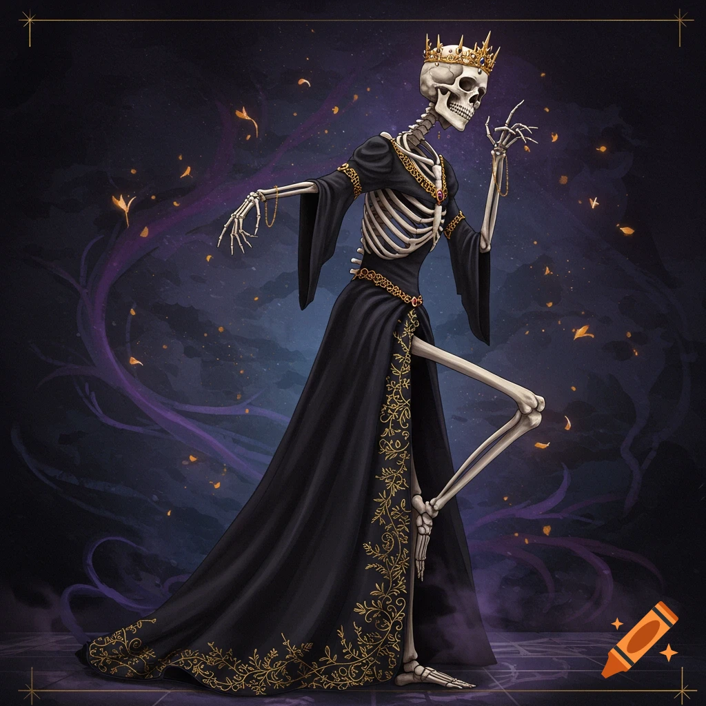 A skeleton queen in a black dress and crown is curtsying.