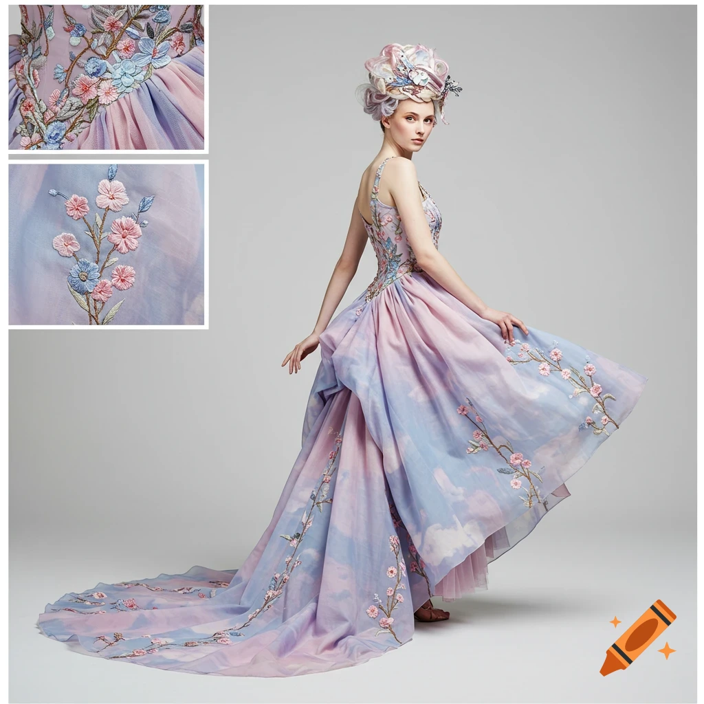 Woman modeling an extravagant dress with cloud pattern and floral embroidery.