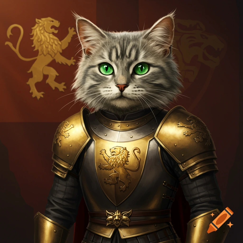A gray tabby cat wearing gold and silver medieval armor with a lion emblem.