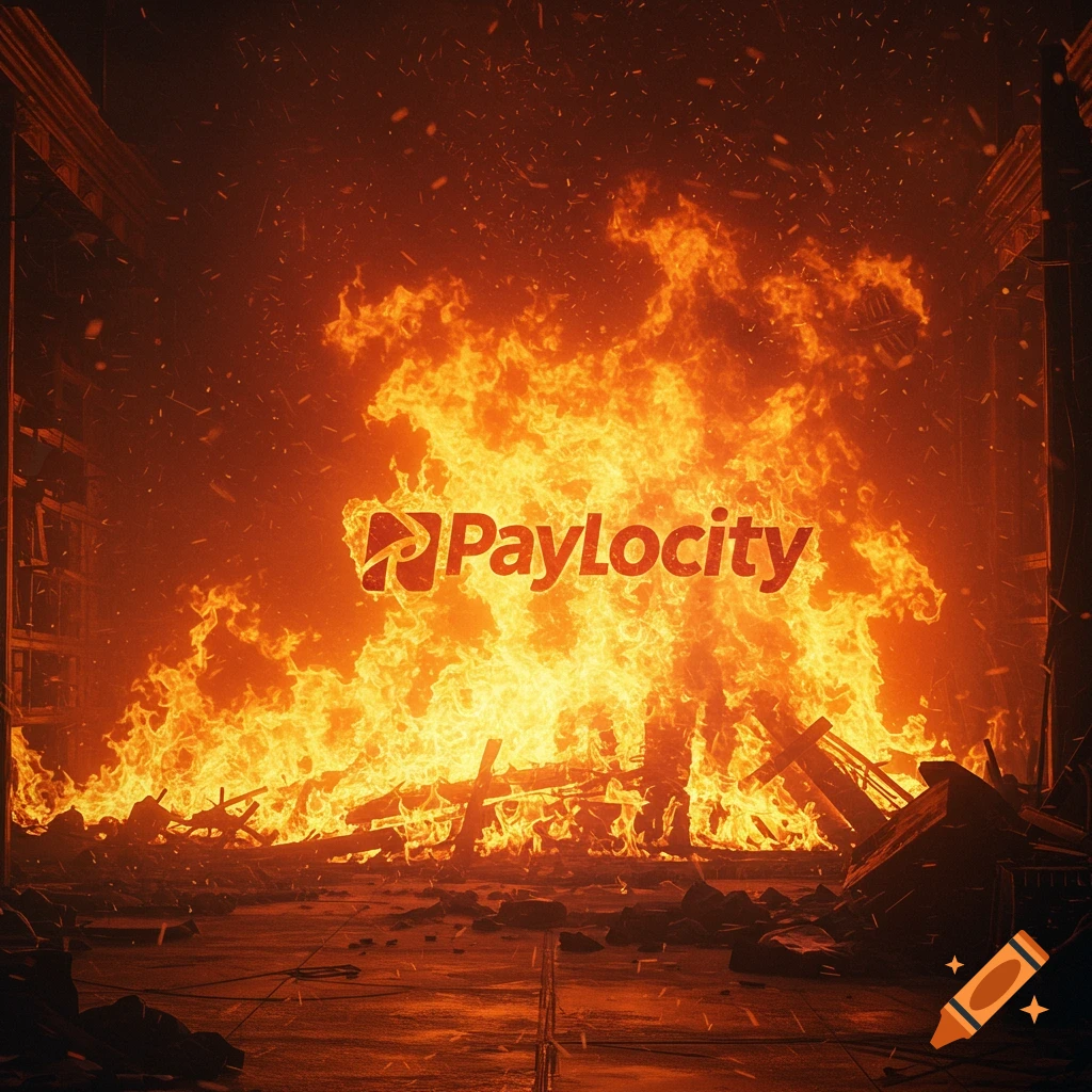 The PayLocity logo is displayed above a scene completely engulfed in fire and destruction.