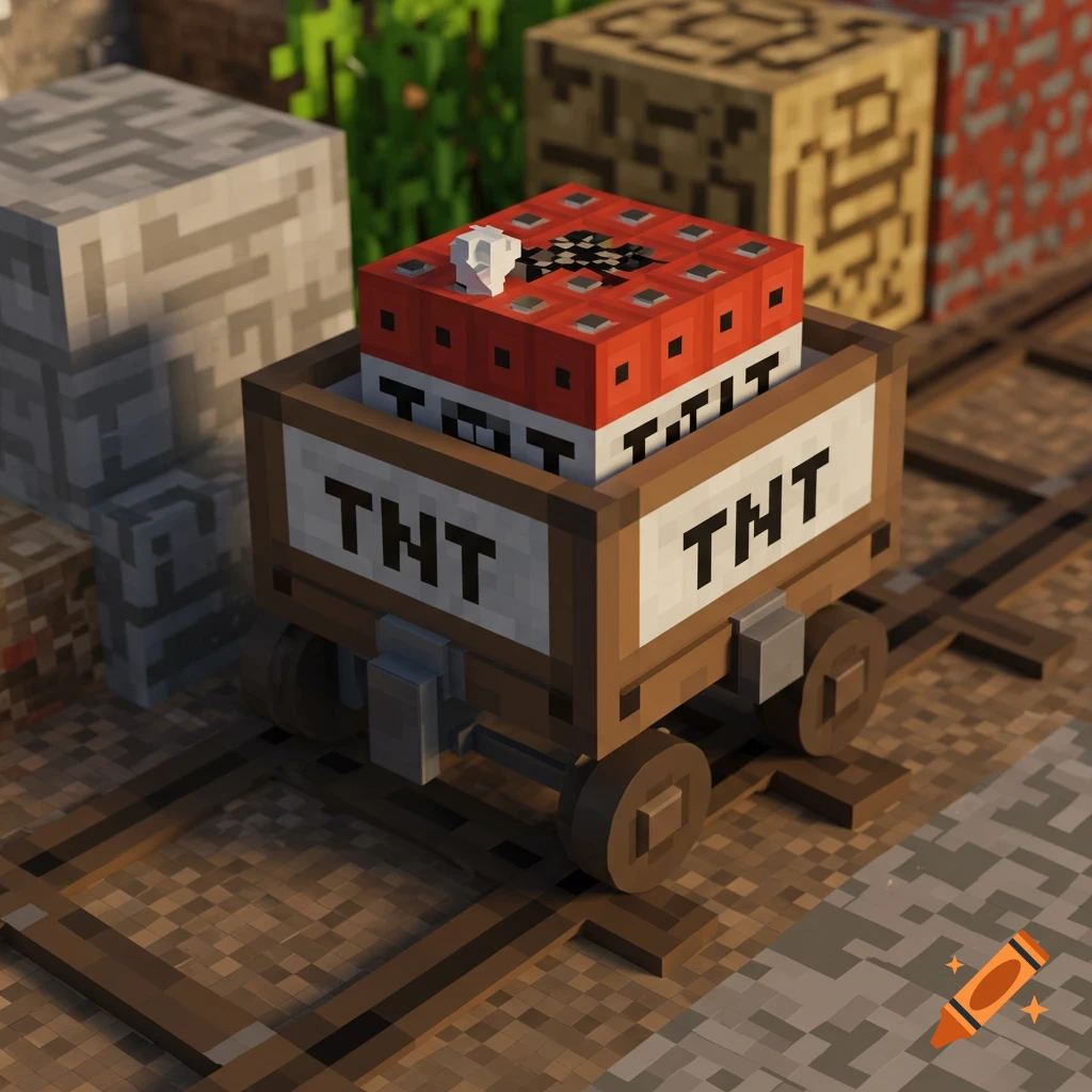 A Minecraft TNT block in a minecart on railway tracks.