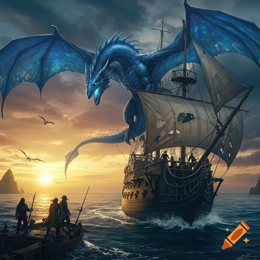 A blue dragon flying over a sailing ship at sunset, with figures on a small boat.