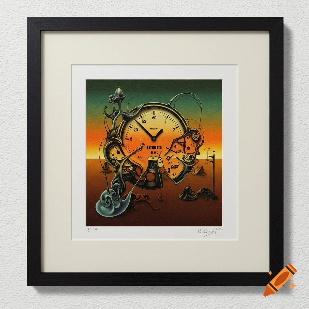 Surreal painting of a melting clock in a desolate landscape, Max Ernst style
