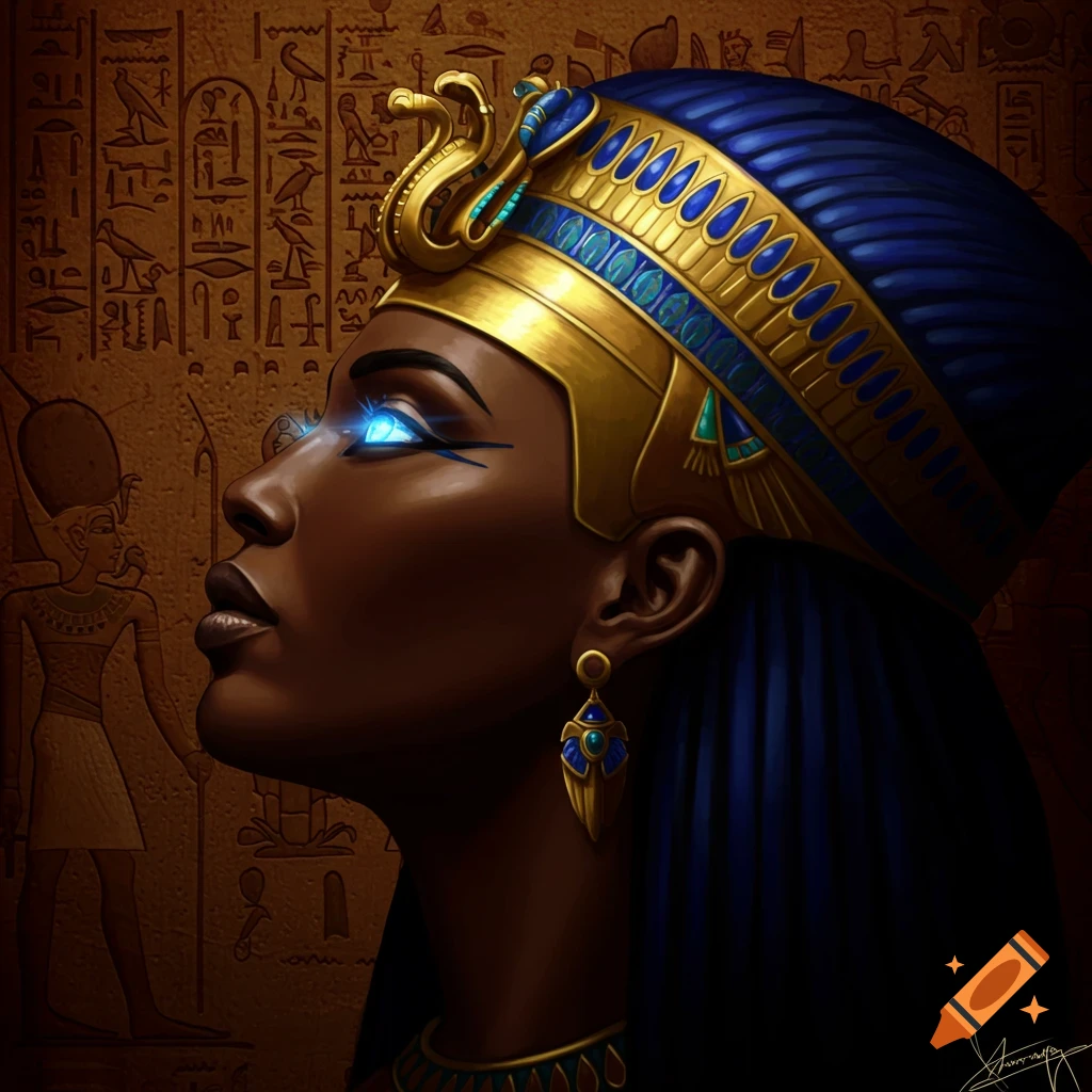 A depiction of a black woman in Egyptian style with a gold and blue crown and glowing blue eyes, against a background with hieroglyphics.