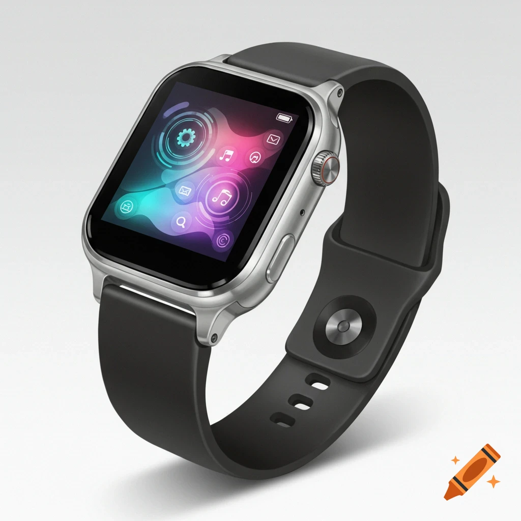 Close-up of a silver smartwatch with a colorful screen and black strap