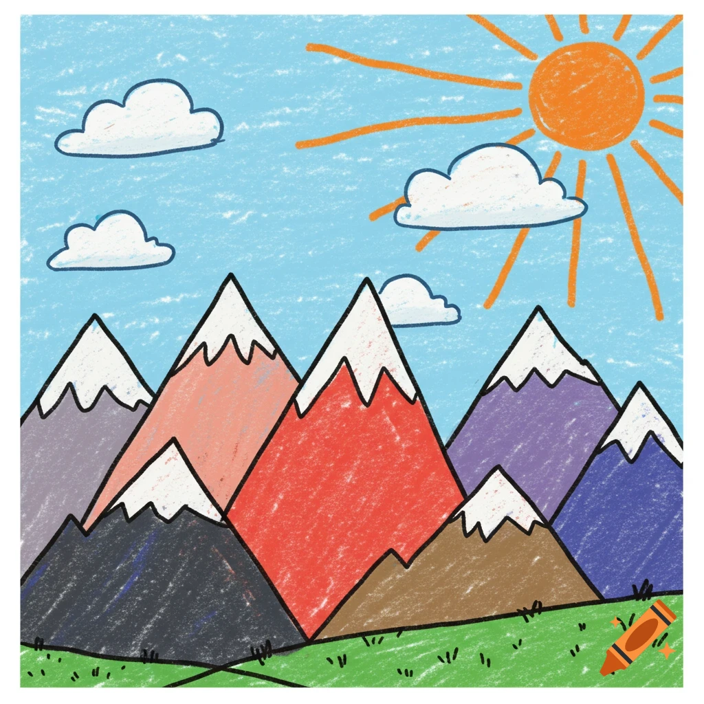 A child-like crayon drawing of colorful mountains, clouds, sun, and grass.