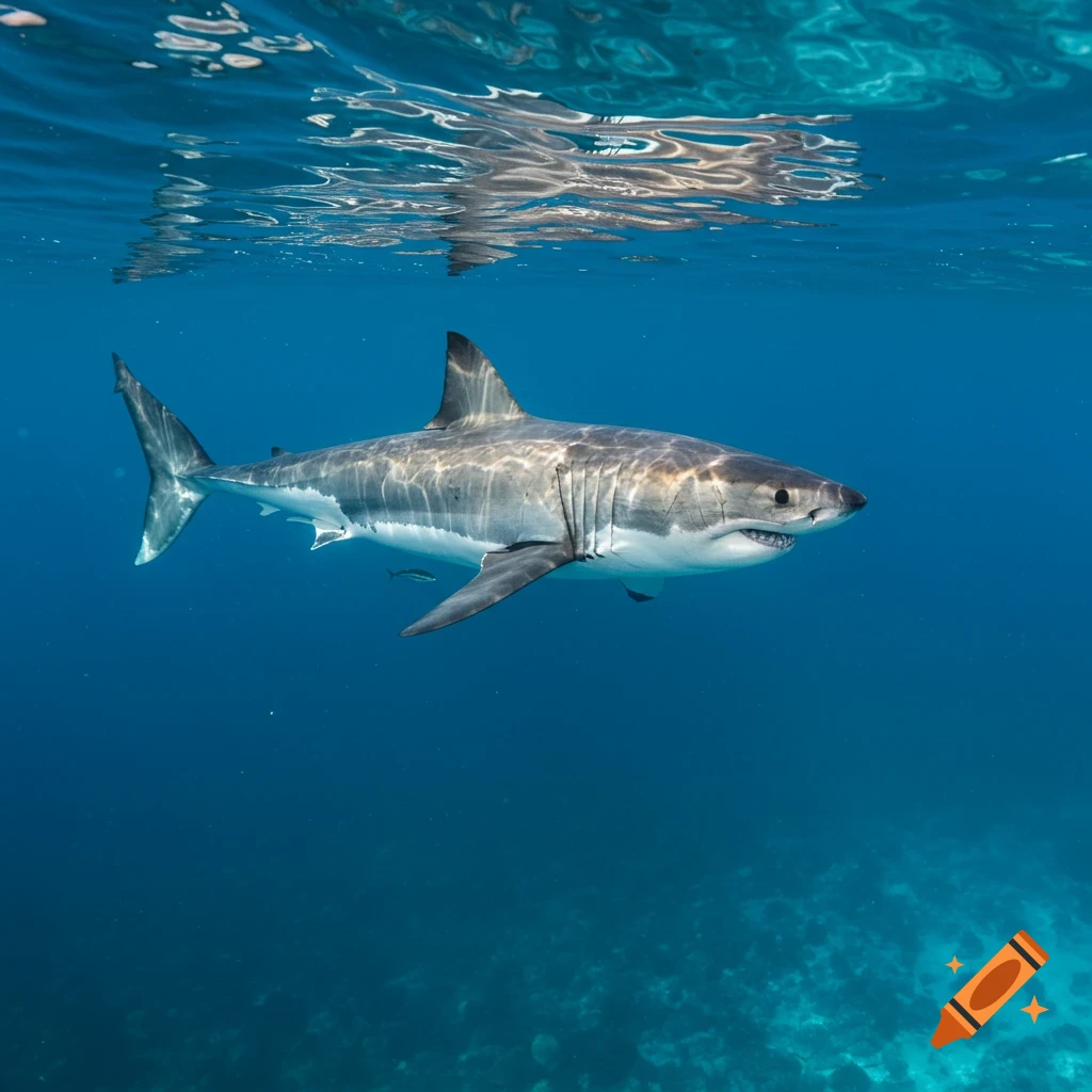 Great White shark swims in clear blue ocean water near surface
