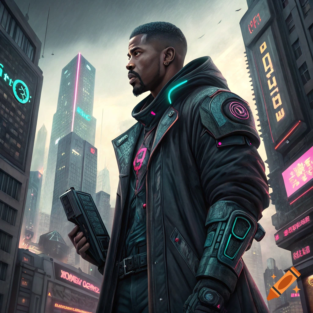 Man in cyberpunk city wearing a long coat and arm guards, holding a device. Tall neon-lit buildings surround him.
