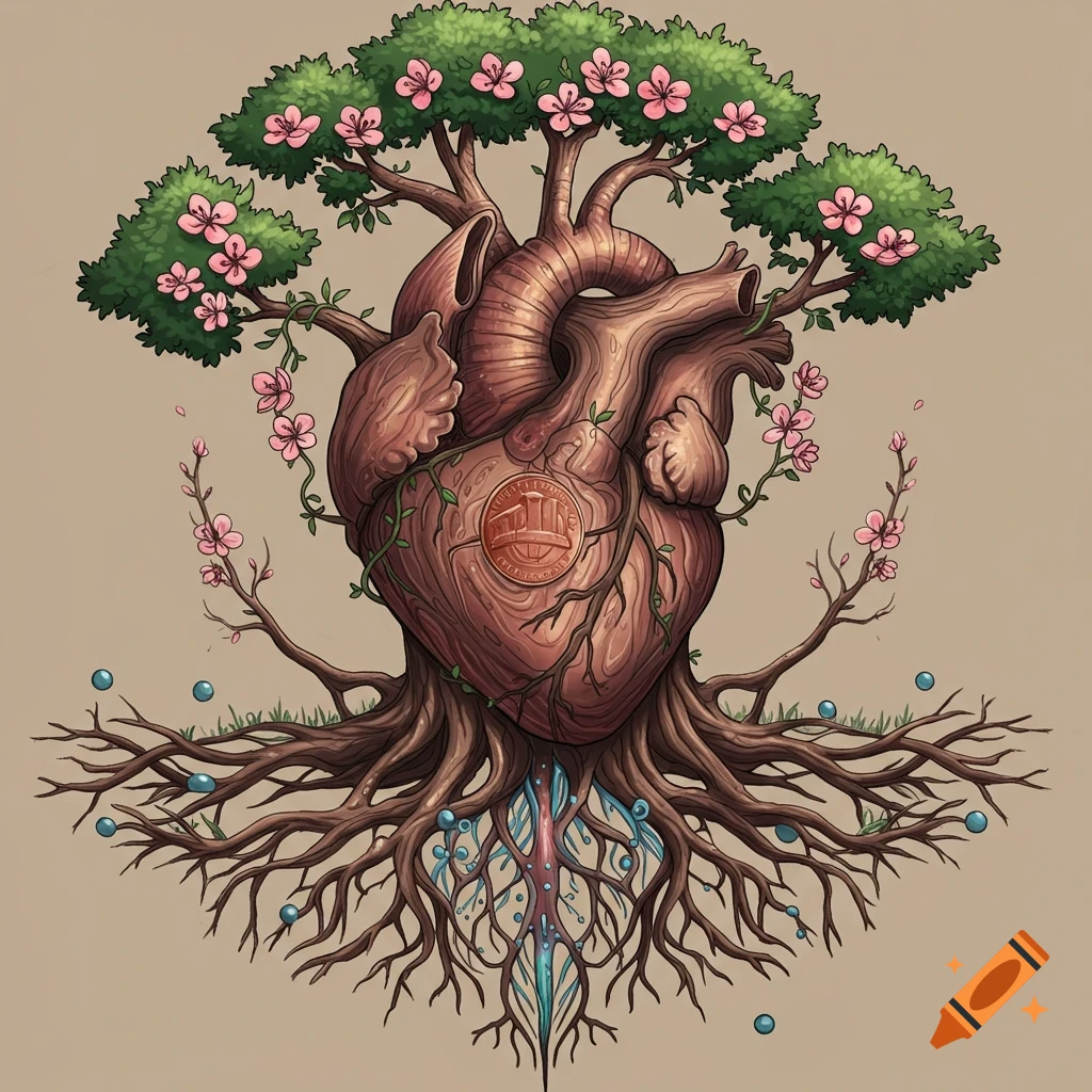 Anatomical heart shaped like a tree with roots, branches, blossoms, and a coin detail, in a tattoo style.