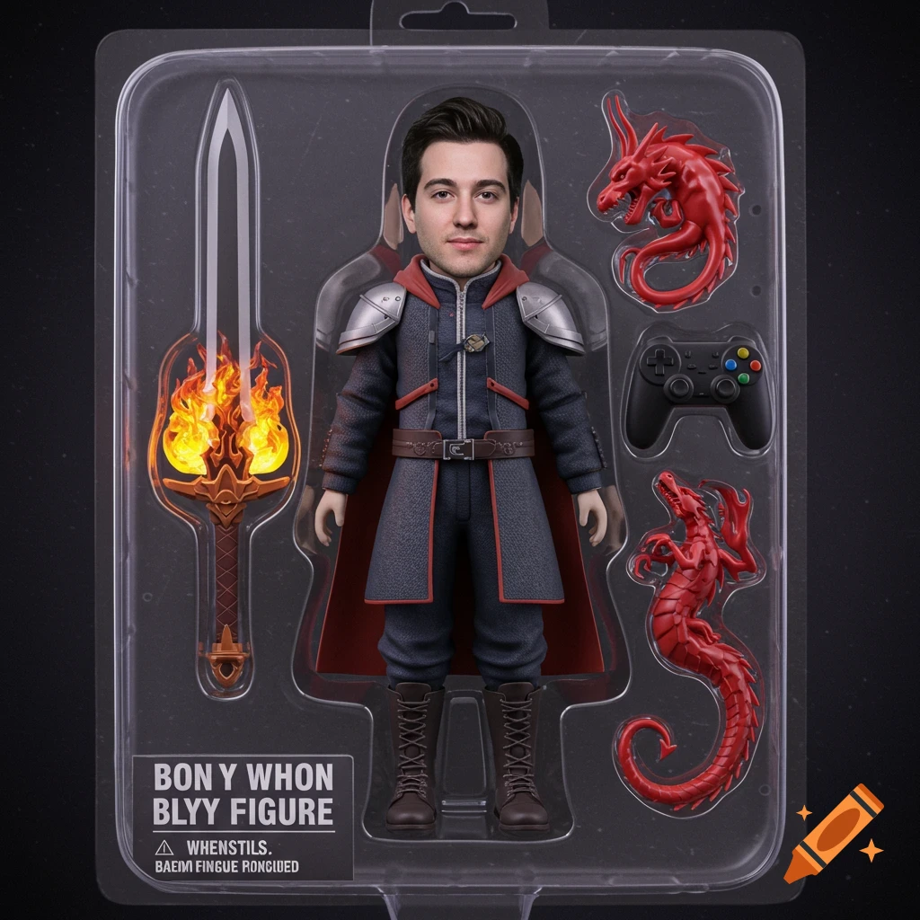 Action figure of a man in fantasy armor in toy packaging with a fiery sword, dragons, and a game controller.