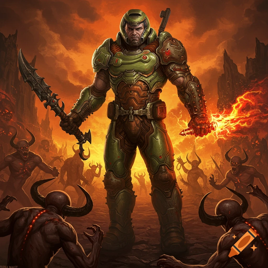 The Doom Slayer stands among demons in a hellish landscape, holding a sword and fiery weapon.