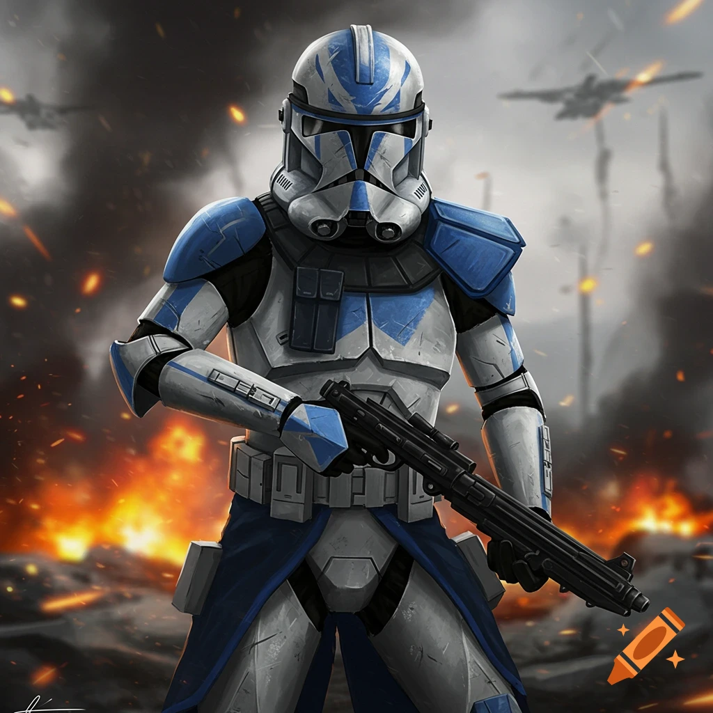 A Star Wars clone trooper in blue armor holds a rifle, standing in a battle zone with explosions and aircraft.