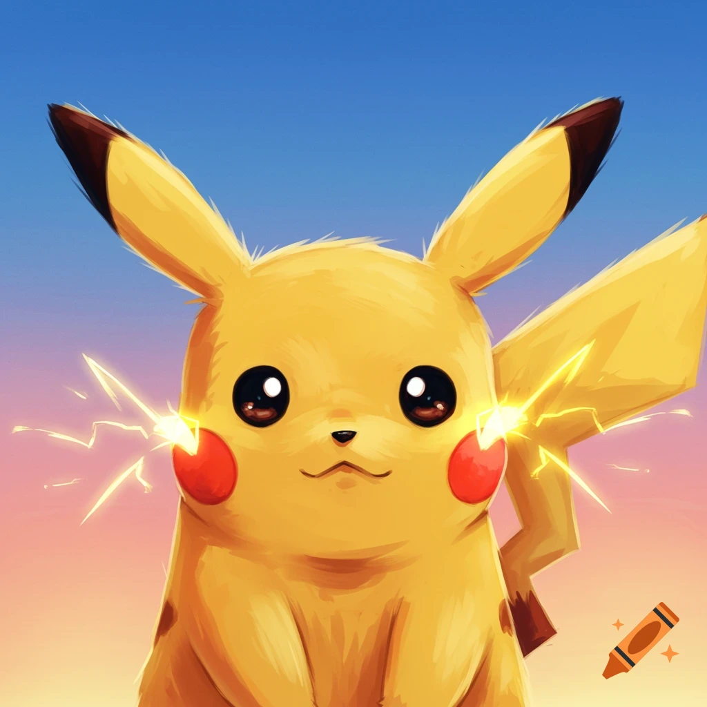 A cute Pikachu with glowing cheeks against a sunset sky