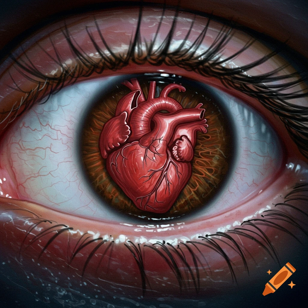 A red anatomical heart inside a human eye.