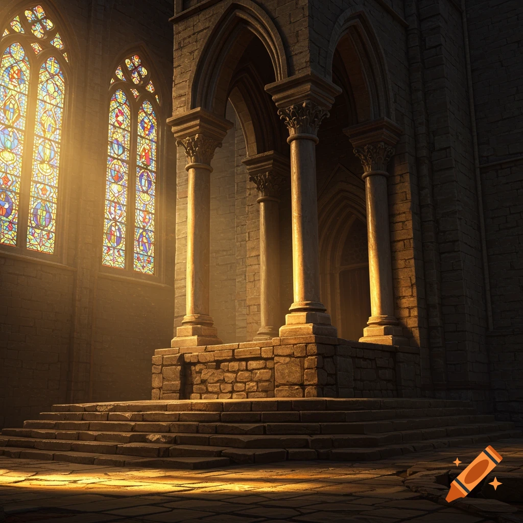 Interior view of a cathedral with stained glass windows and sunlit stone pillars