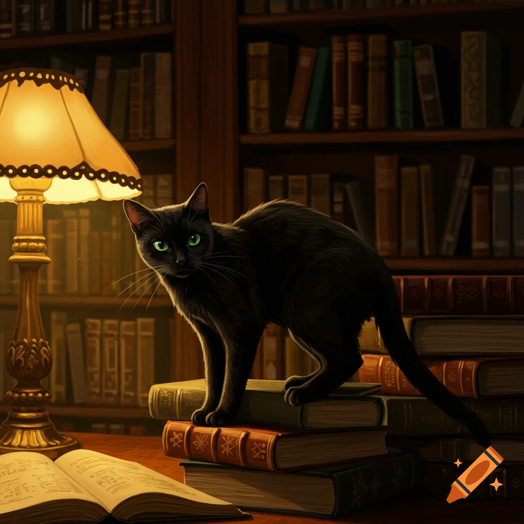 A black cat sits on a stack of books in a dimly lit library