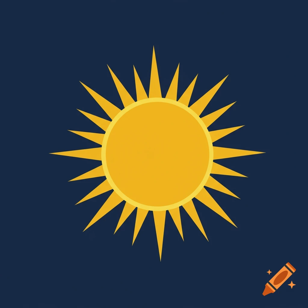 A basic illustration of a yellow sun with spiky rays on a dark blue background.