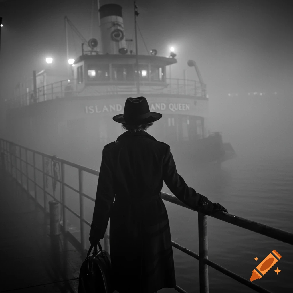 Black and white noir photo of person in fedora and coat on foggy dock looking at ferry.