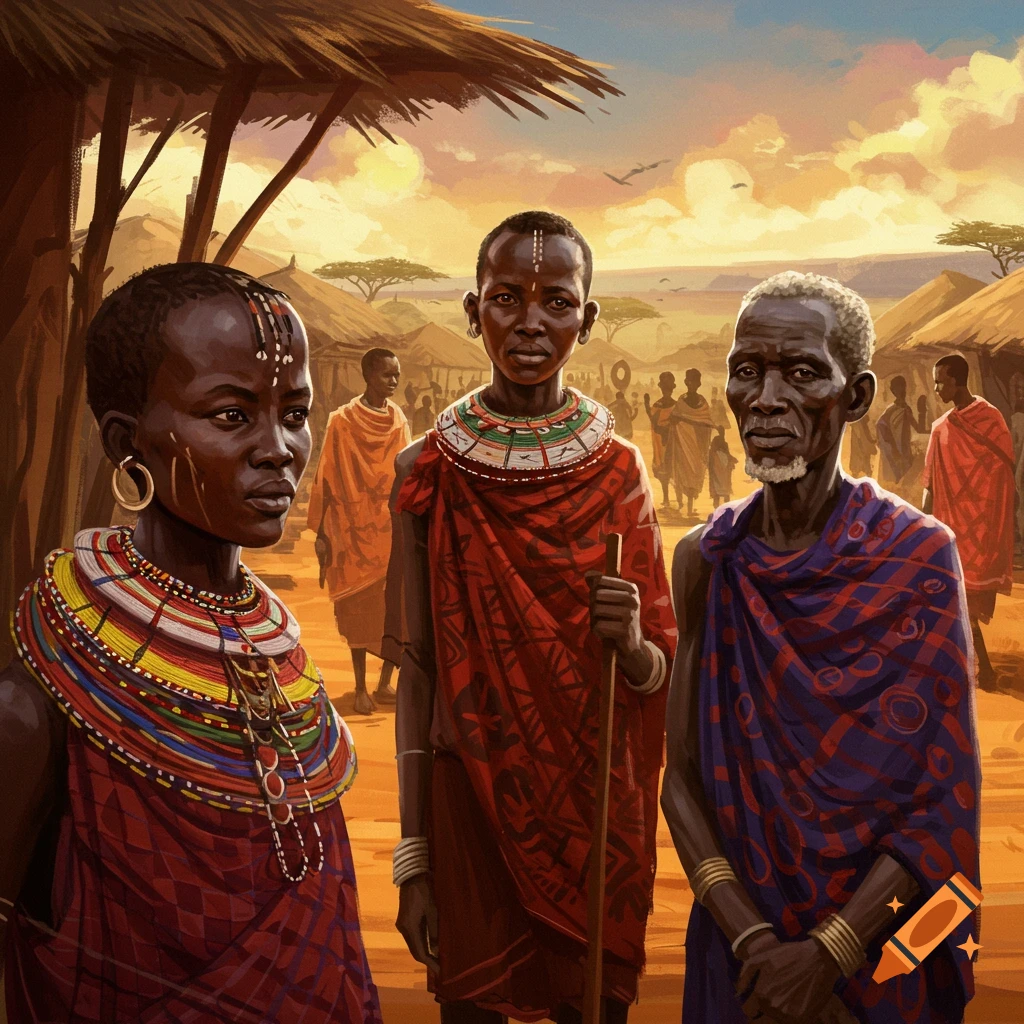 Three people in traditional clothing standing in an African village at sunset.
