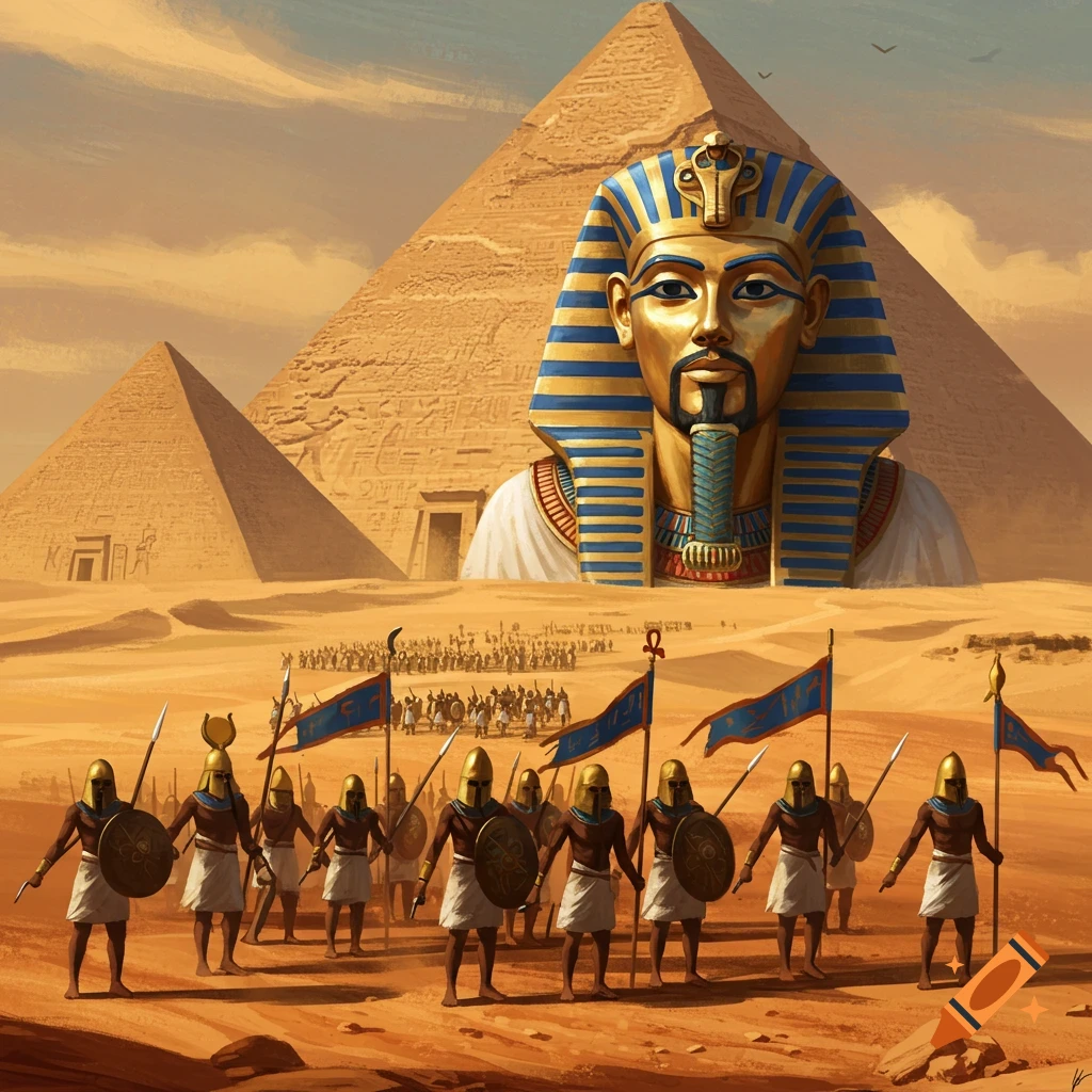 An ancient Egyptian army marches across the desert, with pyramids and a colossal pharaoh bust in the background.