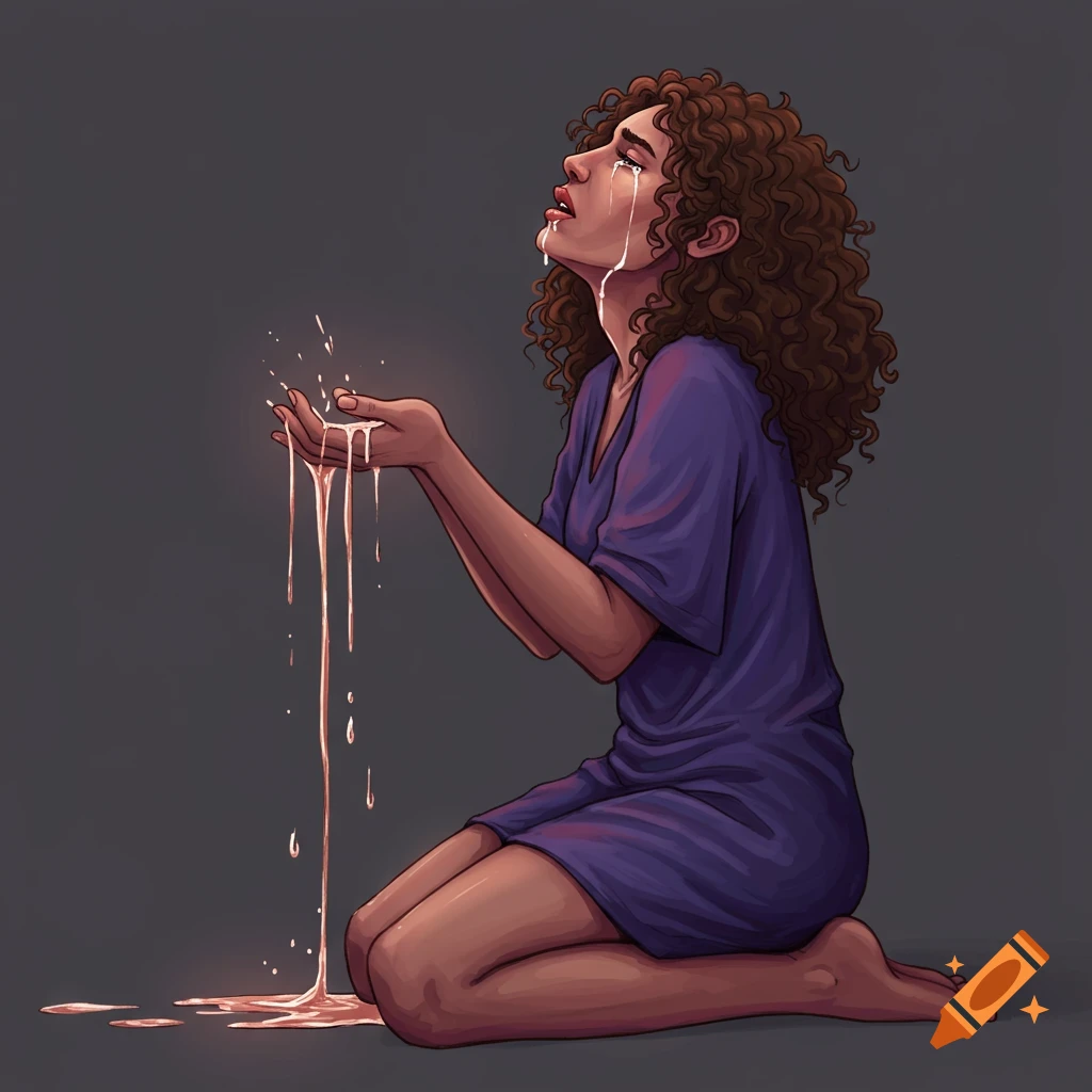 A curly-haired woman is kneeling and crying, catching dripping liquid in her hands.