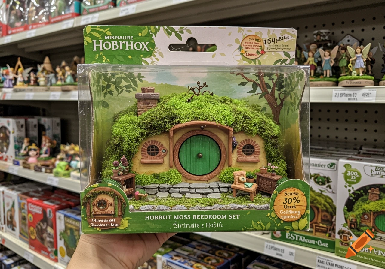 Hand holds a packaged miniature hobbit house set on a store shelf with other toys and miniatures.