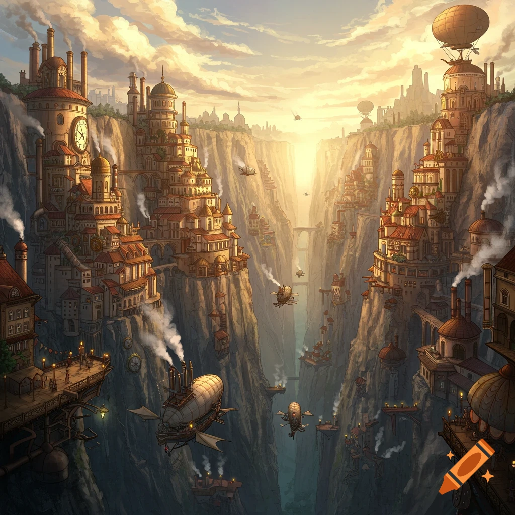 A sprawling steampunk city built into a massive chasm with airships.