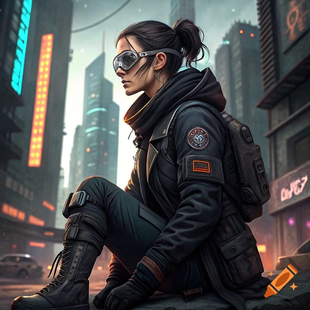 A woman in cyberpunk gear with goggles sits in a futuristic city landscape with neon lights, looking left.