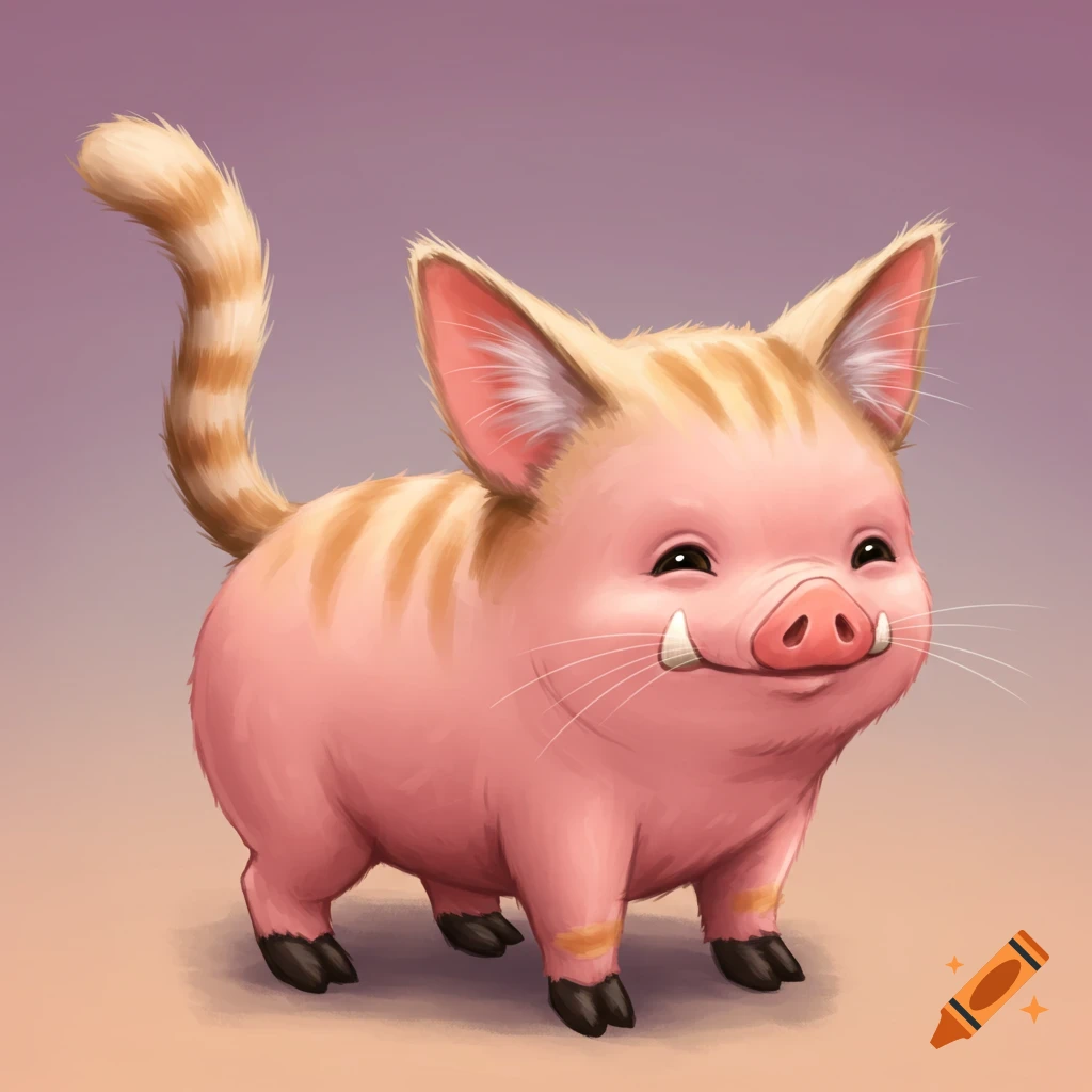 A cute pig with cat ears and tail.